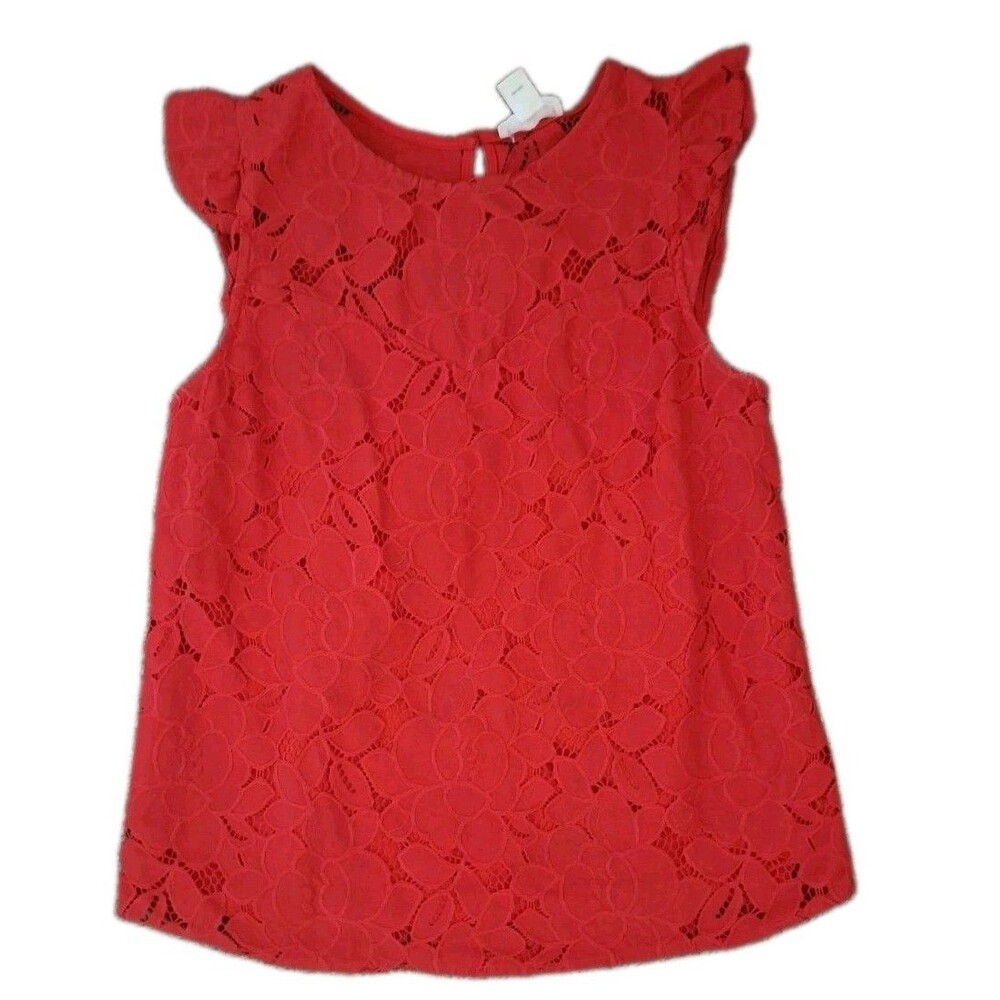 Monteau Los Angeles Crochet Lace Red Top Womens Size Large Flutter Sleeve Eyelet